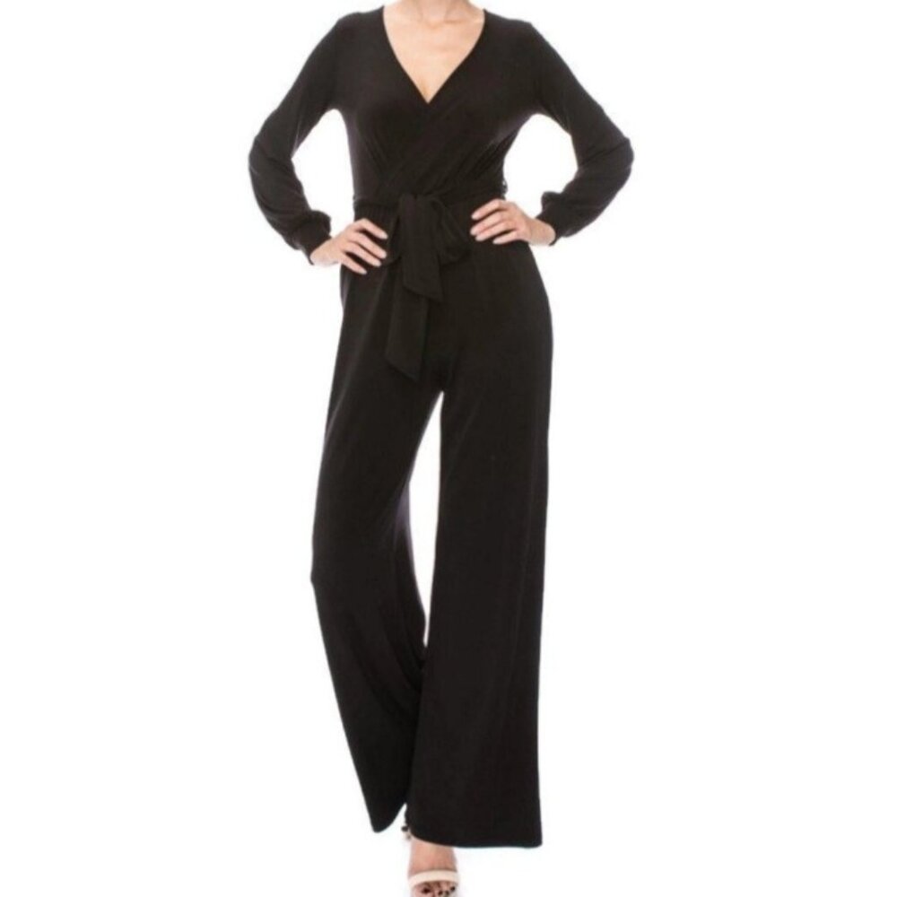 Janette Fashion Black Bell Long Sleeve V-neck Jumpsuit